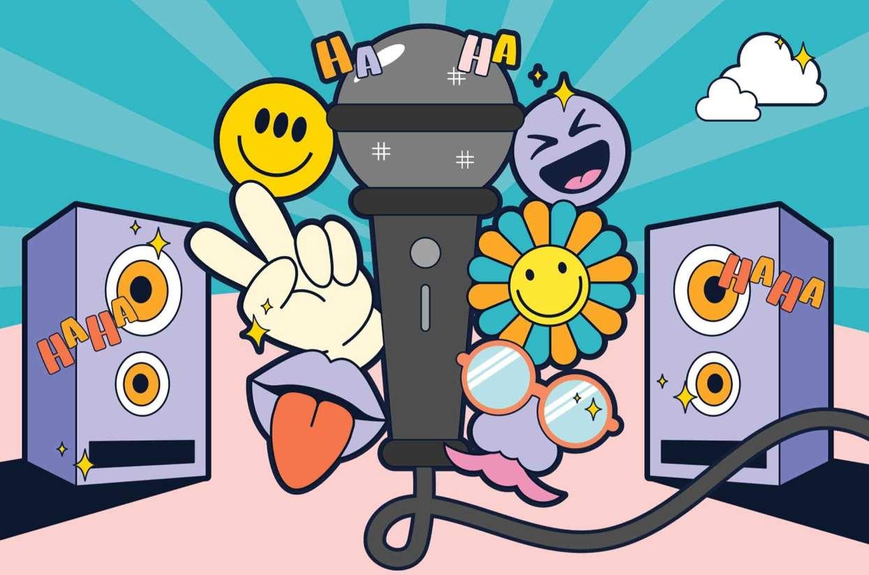 A bright, playful cartoon design featuring a microphone surrounded by smiling emojis, flowers, sunglasses, and speakers, with colourful “haha” text and cheerful expressions.