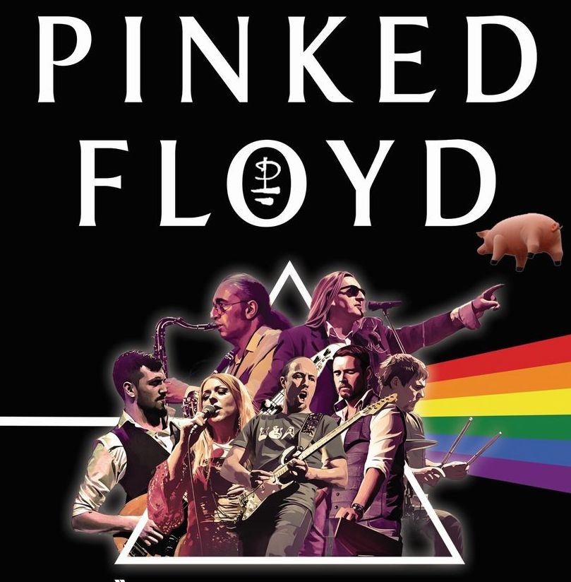 Promotional artwork for tribute band Pinked Floyd, featuring the band performing with instruments in front of a prism and rainbow design, with bold text reading “Pinked Floyd” above.
