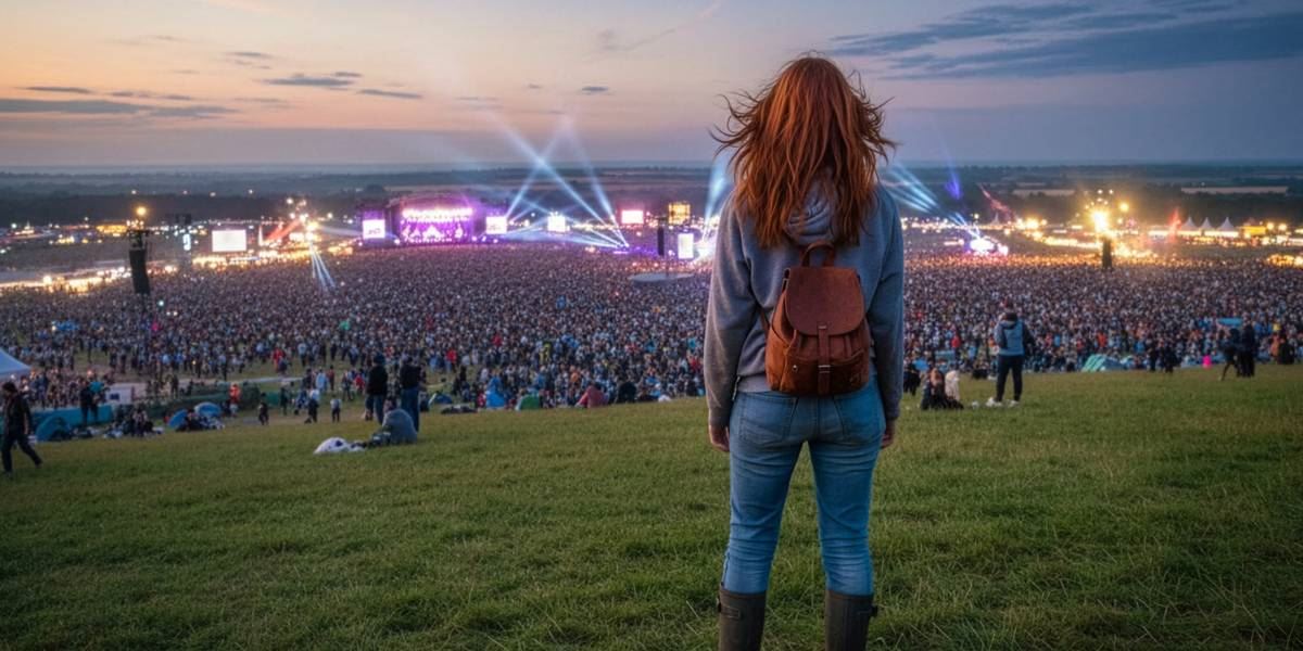 A person with a backpack stands on a grassy hill overlooking a huge outdoor music festival crowd at sunset, with bright stage lights and beams illuminating the main stage in the distance.