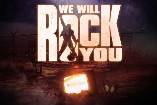 Promotional artwork for We Will Rock You. The title appears in bold, distressed block letters, with the silhouette of a performer holding a guitar raised high in the centre of the word ‘Rock’. Behind is a stormy sky and barbed-wire fence. At the bottom, a glowing television screen displays the word ‘Globalsoft’ alongside scattered objects including a broken crown and cassette tapes.
