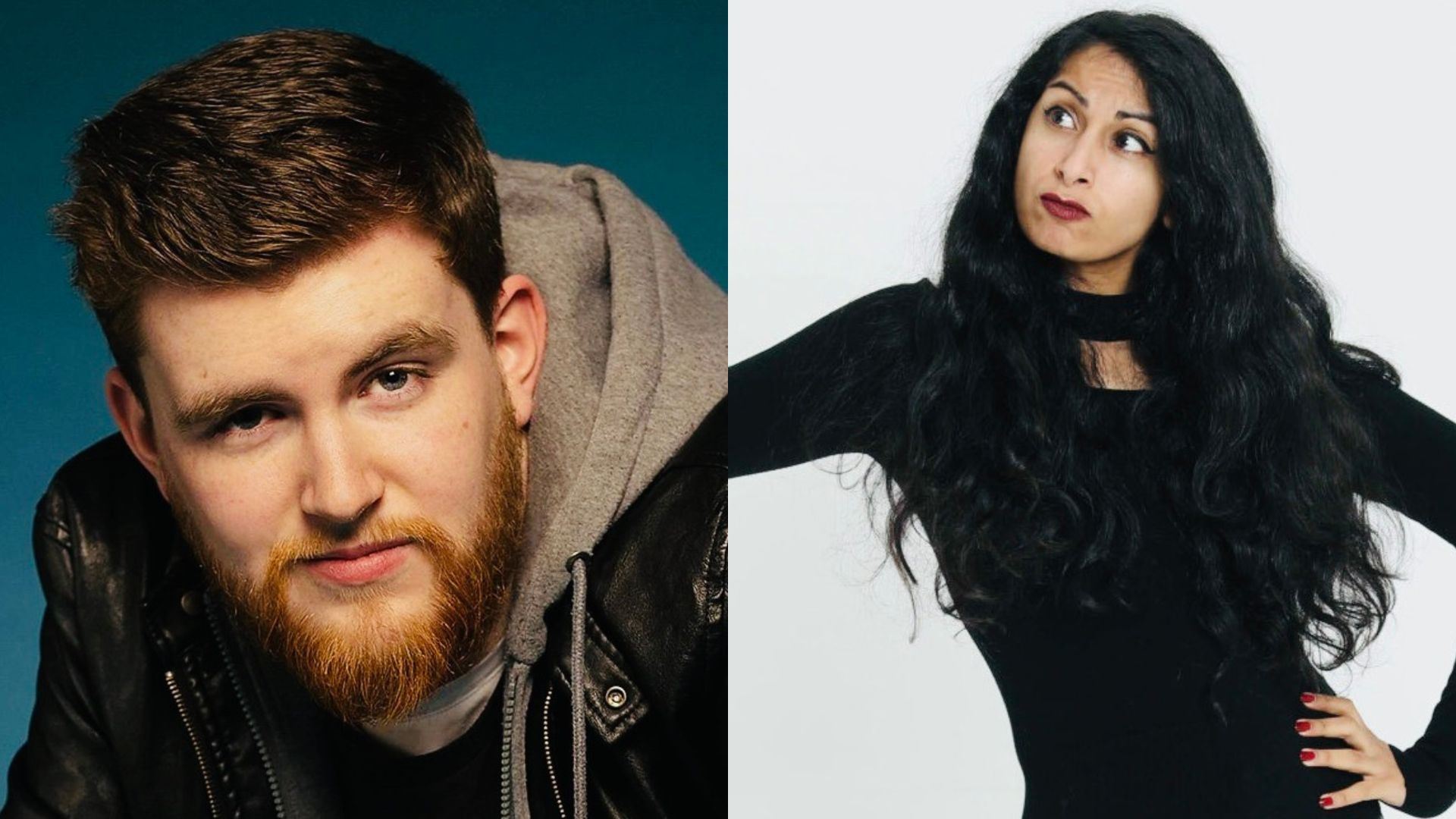 A split image showing two comedians: on the left, a man with short hair and a ginger beard wearing a leather jacket and grey hoodie; on the right, a woman with long black curly hair wearing a black top, looking to the side with a playful, puzzled expression.