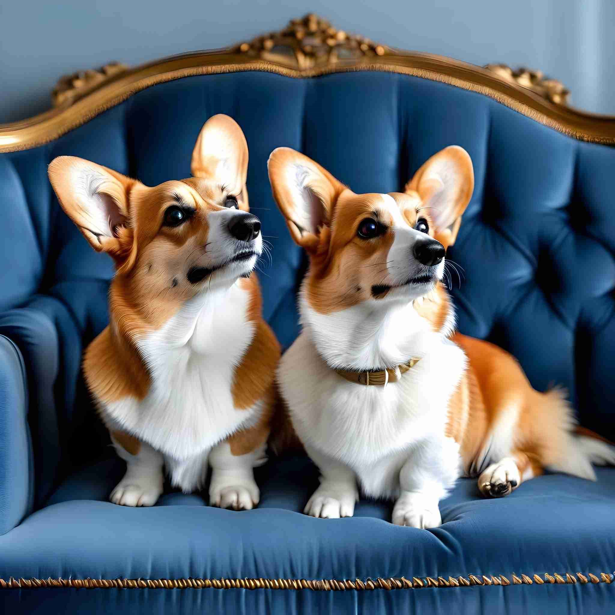 Two Pembroke Welsh Corgis with tan and white fur sitting side by side on an elegant, deep blue tufted velvet sofa with ornate gold trim, both looking attentively to the right