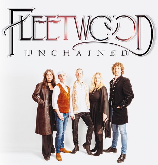 Promotional image for Fleetwood Unchained. Five band members stand against a white background beneath the group’s logo. From left to right: a woman in a long brown leather coat, a man in a white hat and brown suede waistcoat, a man in a patterned scarf and white shirt, a woman in a flowing black dress, and a man in a black coat with blue jeans.