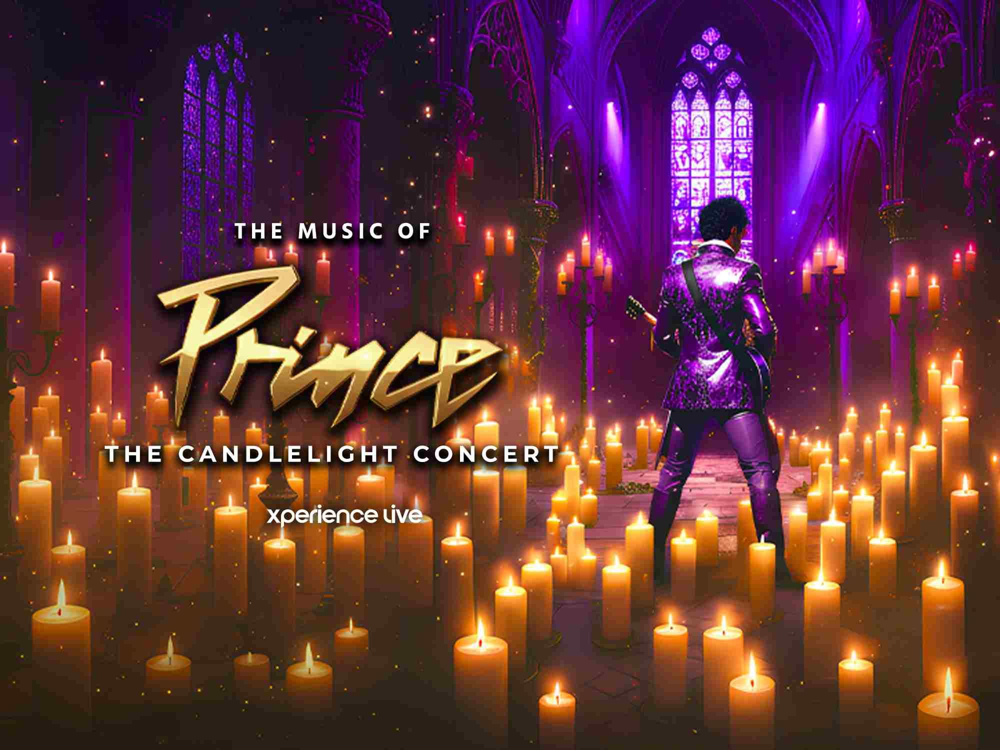 A performer dressed in a shimmering purple suit stands in a gothic-style hall filled with glowing candles, holding a guitar and facing a large stained-glass window illuminated in purple light. Text on the image reads: “The Music of Prince – The Candlelight Concert – Xperience Live.