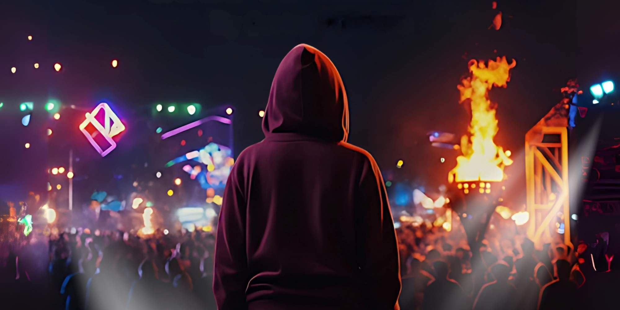 A person in a dark hoodie stands facing a vibrant night-time festival crowd. Bright neon lights and a large flame illuminate the scene, casting colourful reflections and a sense of energy and anticipation.