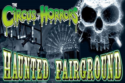 On a spooky-looking, black and white, abandoned fairground image, is the the title and text 'Haunted Fairground' in bright, green bold lettering. 