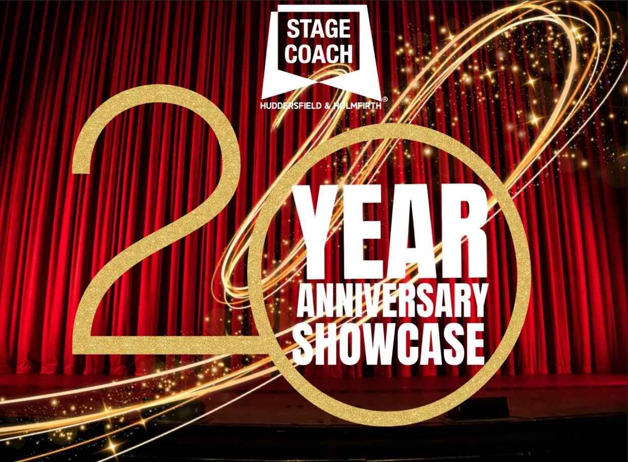 A vibrant graphic featuring a red theatre curtain with golden light trails forming the number 20, celebrating the Stagecoach Huddersfield & Holmfirth 20 Year Anniversary Showcase. Bold white text highlights the milestone event.