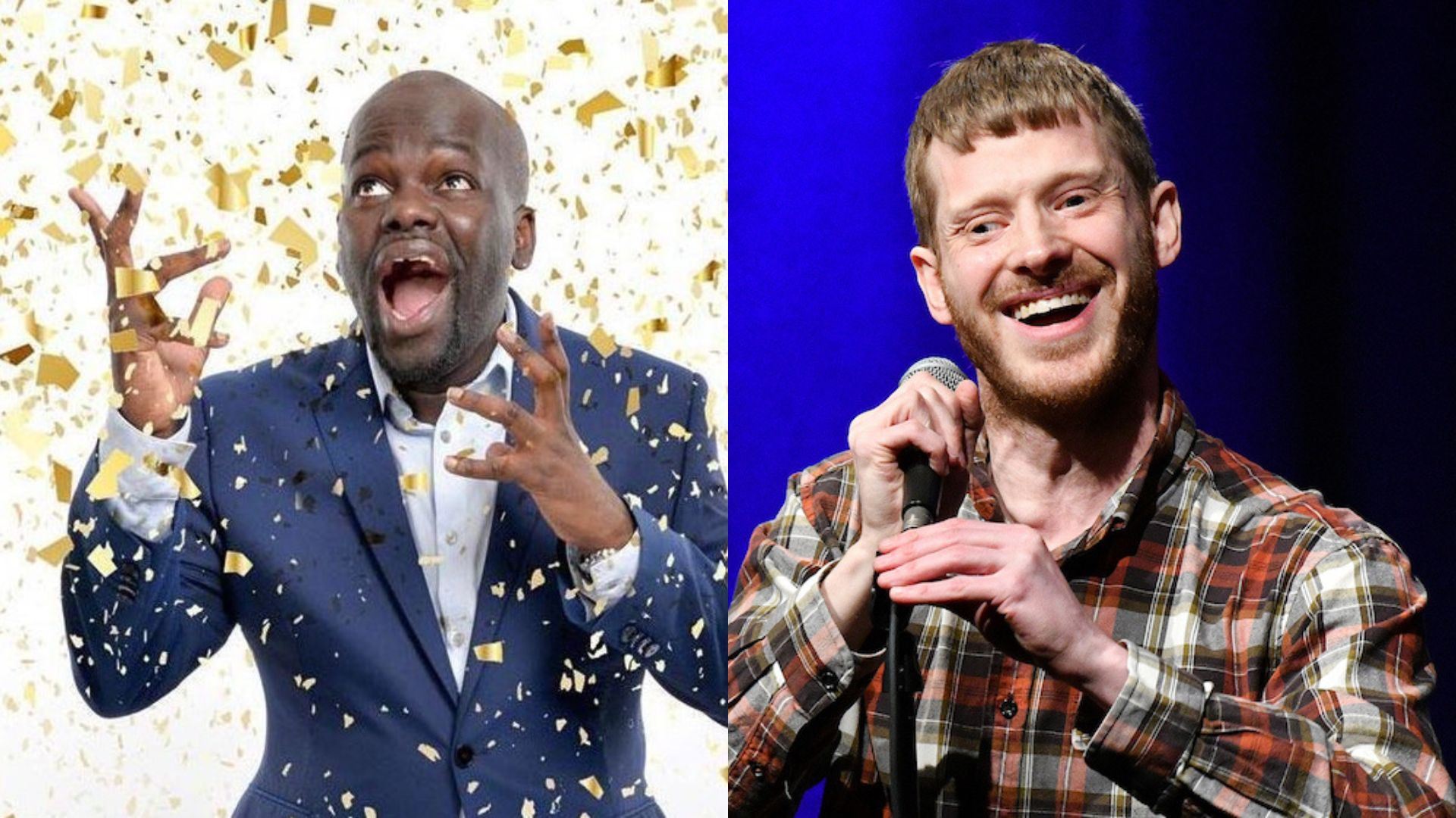 A split image showing two comedians: on the left, a man in a blue suit surrounded by falling gold confetti, smiling with excitement; on the right, a man in a checked shirt holding a microphone and laughing while performing on stage.