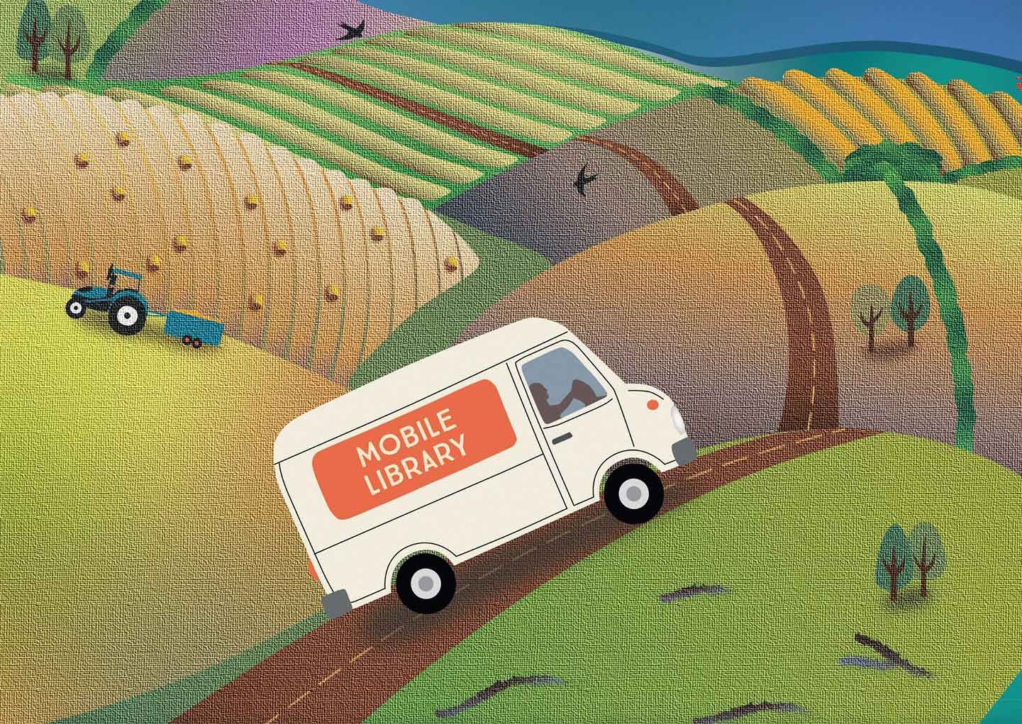 Illustration of a mobile library van driving through rolling farmland with fields and a distant tractor.