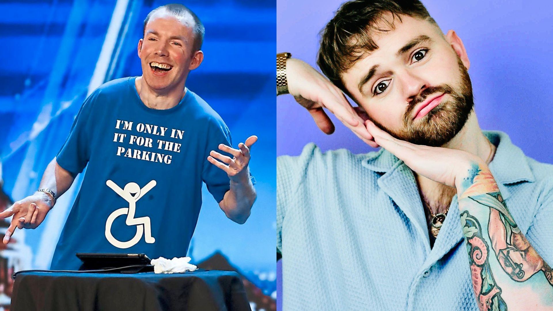 A split image showing two men: on the left, a man in a blue T-shirt that reads “I’m only in it for the parking,” smiling while performing on stage; on the right, a man with a beard and tattoos poses playfully against a purple background, resting his head on his hands.
