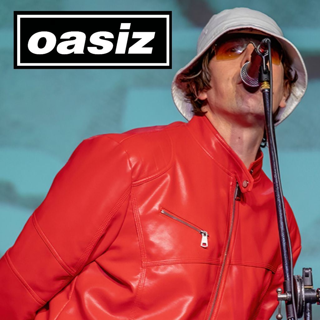 Promotional image of a singer performing on stage in a red jacket and bucket hat, singing into a microphone, with the Oasiz logo in the corner