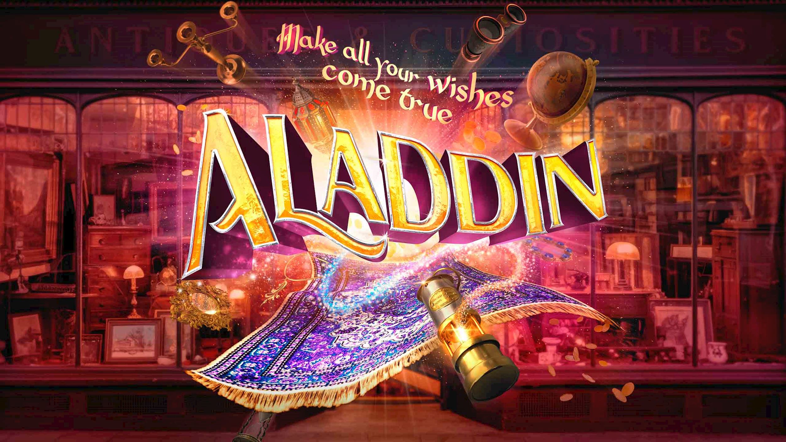Magical scene with ‘ALADDIN’ in bold golden text, a glowing miner’s lamp, and a flying carpet in front of an antique shop storefront.