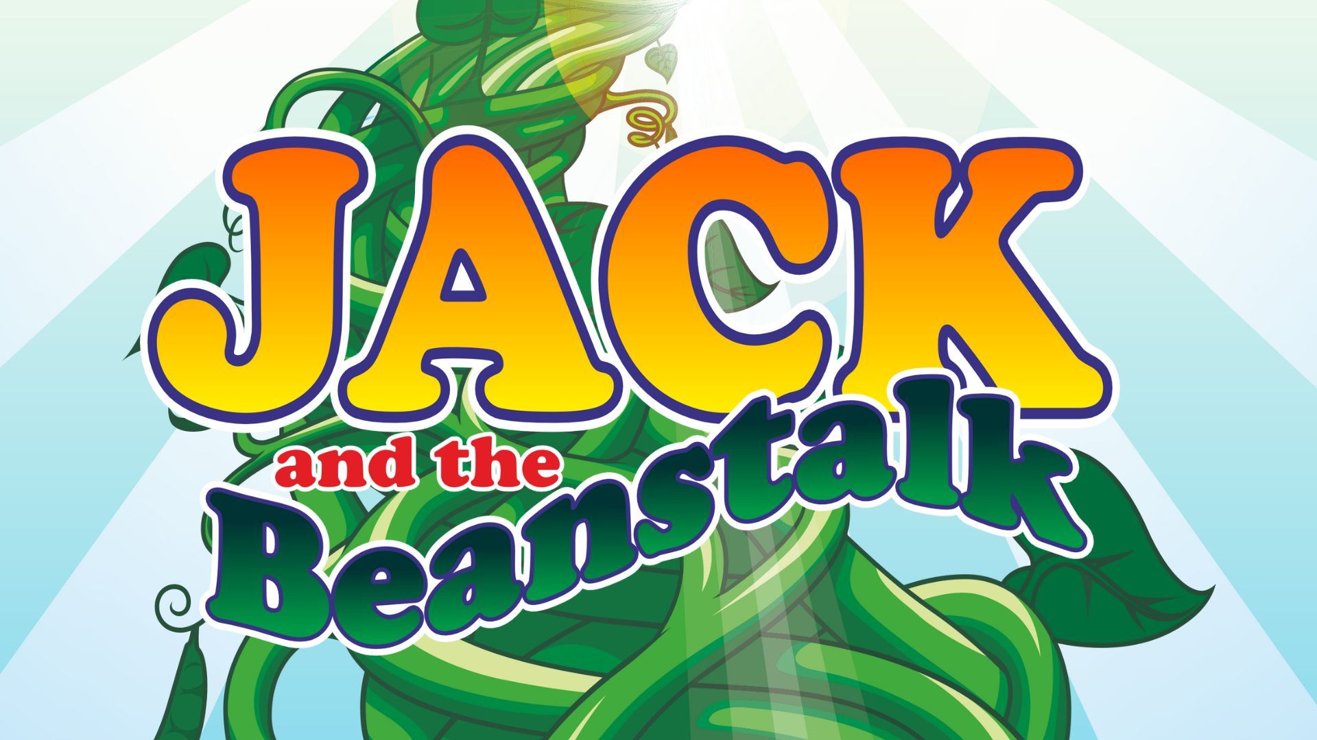 A colorful illustration of the title "Jack and the Beanstalk" with the words in bold, playful font. The "J" and "A" in "Jack" are yellow, the "C" and "K" are orange, and the word "Beanstalk" is in green. The letters are surrounded by a twisting green vine that resembles a beanstalk. The background features light blue rays, giving the image a vibrant and whimsical fee