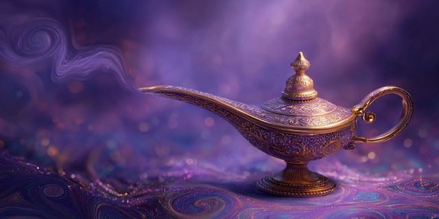 A decorative golden magic lamp with intricate patterns rests on a shimmering purple and blue surface, with a soft trail of smoke swirling from its spout against a dreamy, mystical background.