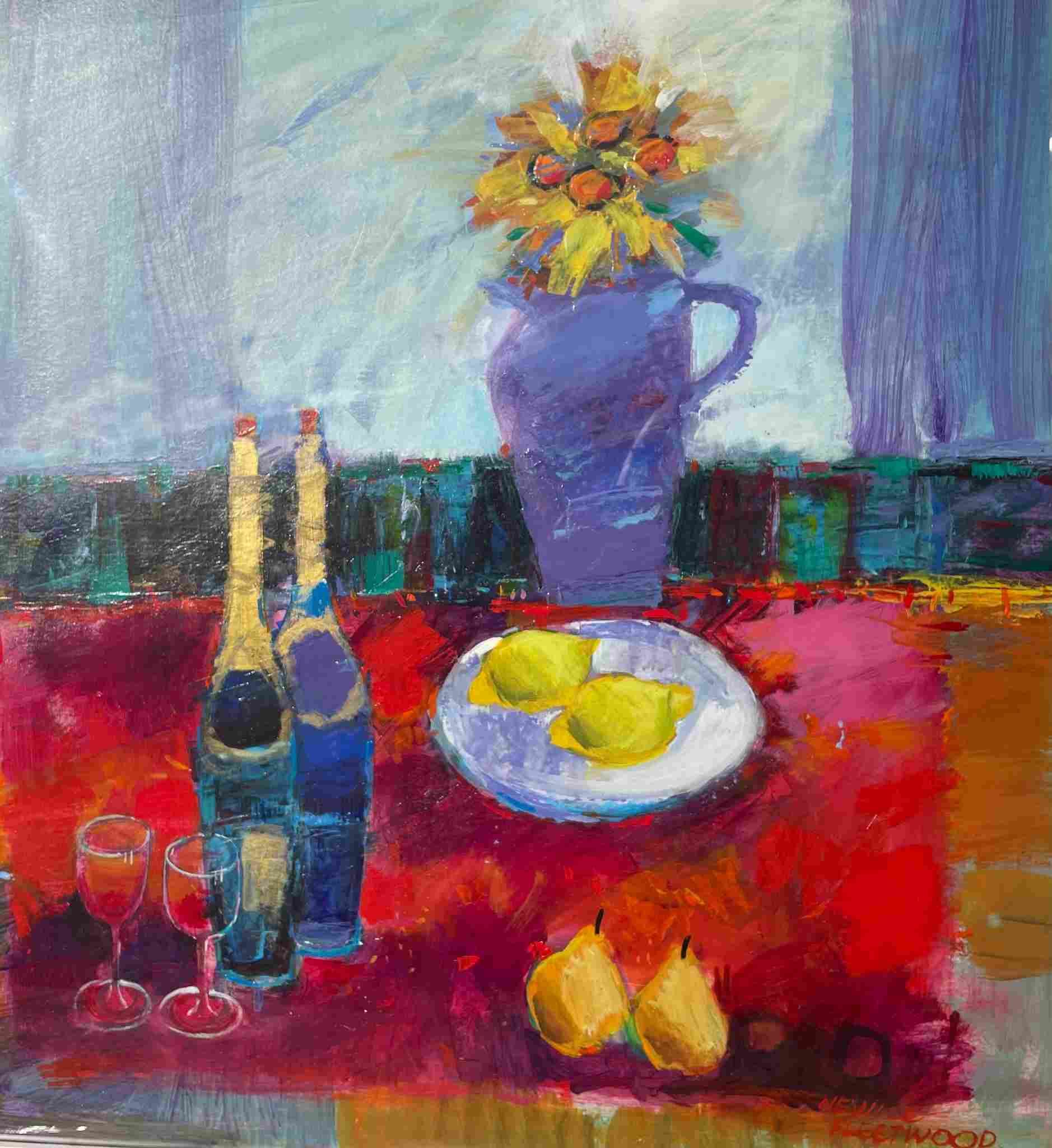 A vibrant still life painting featuring a purple vase with yellow and orange flowers, a red tablecloth, two wine bottles, two filled glasses, a plate with two lemons, and two pears. The background includes cool blue and purple tones with a window or curtain.
